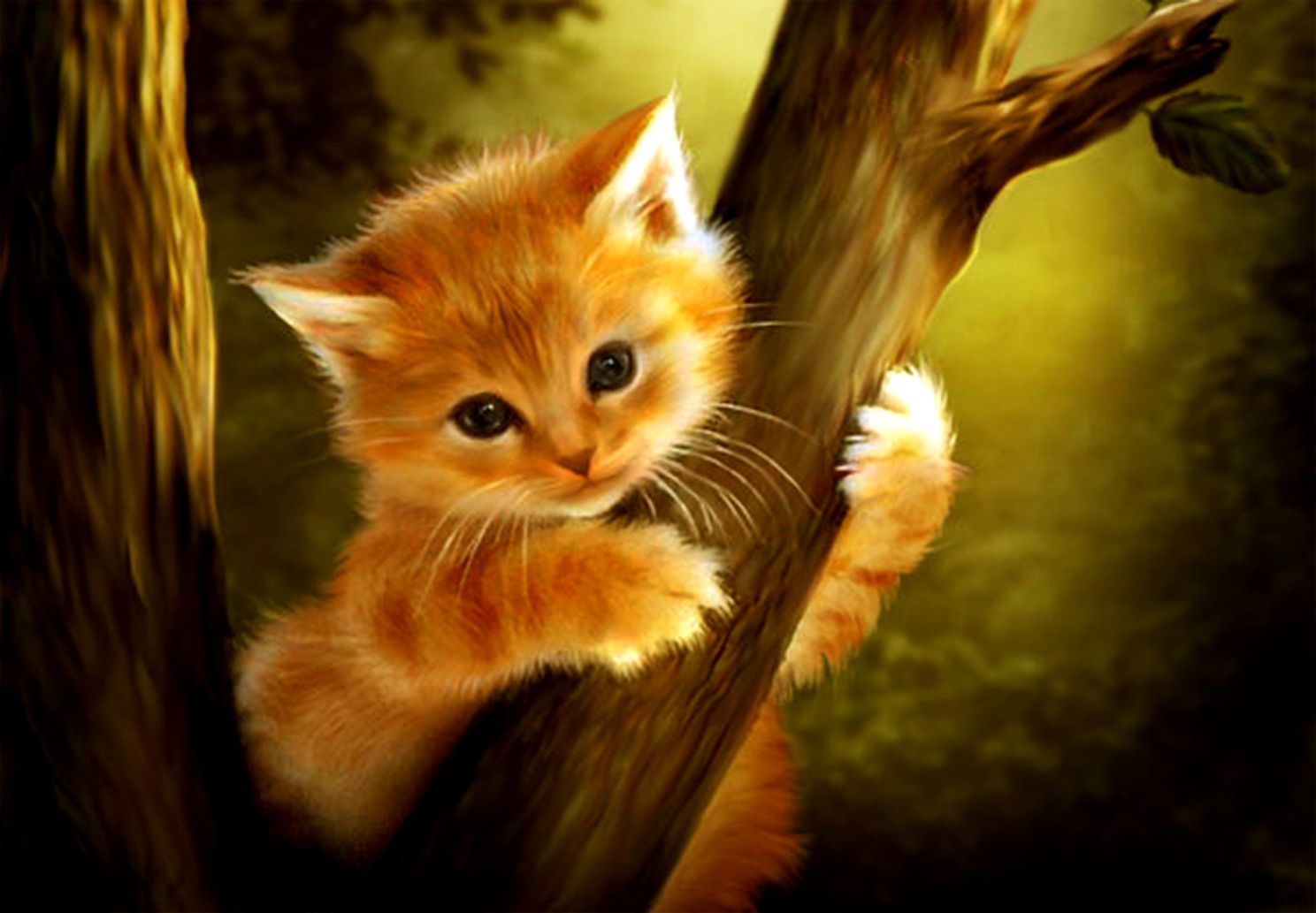 Wallpapers4u Kitten Up A Tree Ginger Cute Animal Art - Fantasy Cat Art - HD Wallpaper 