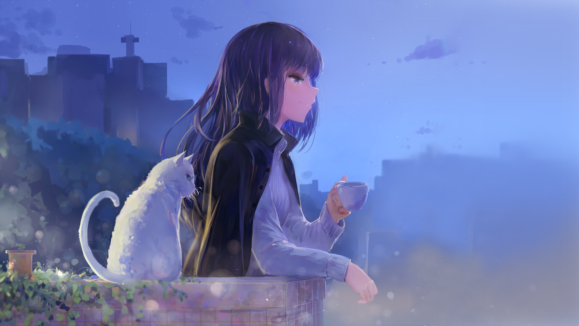 Anime Girl With Cat Art - HD Wallpaper 