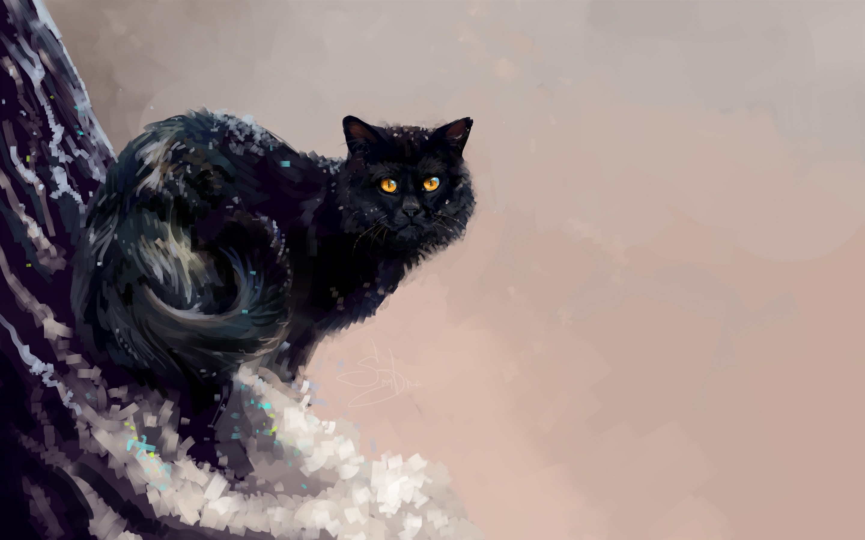 Wallpaper Art Painting, Black Cat, Winter, Tree - Cat Winter Art - HD Wallpaper 