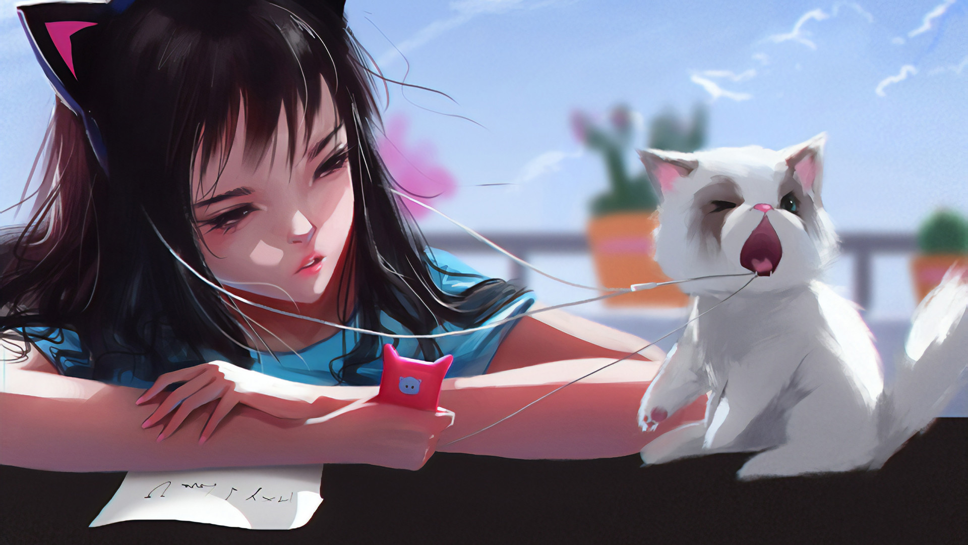 Anime Girl With Cat - HD Wallpaper 