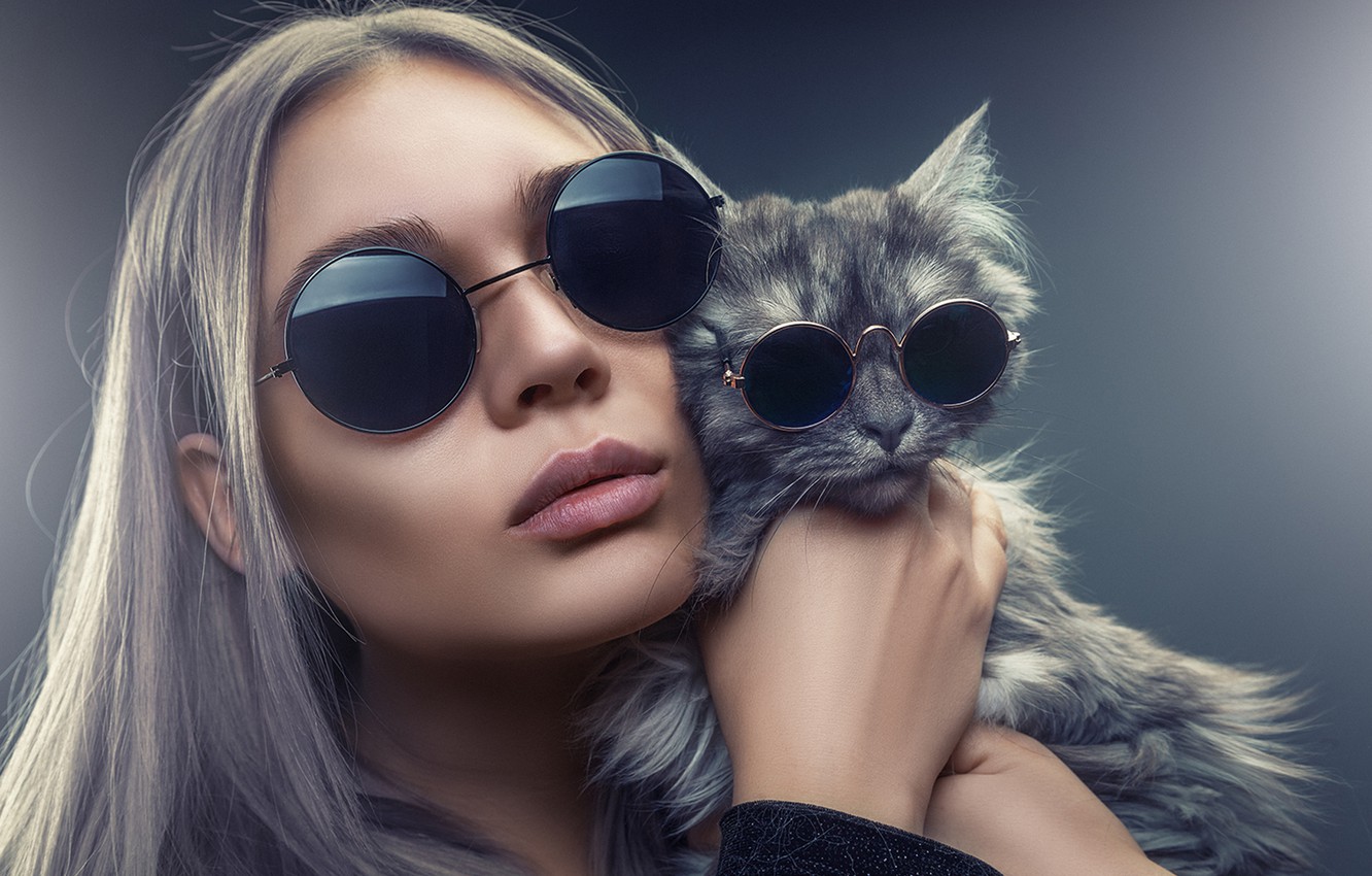 Photo Wallpaper Cat, Cat, Girl, Face, Style, Background, - Стил Очки - HD Wallpaper 