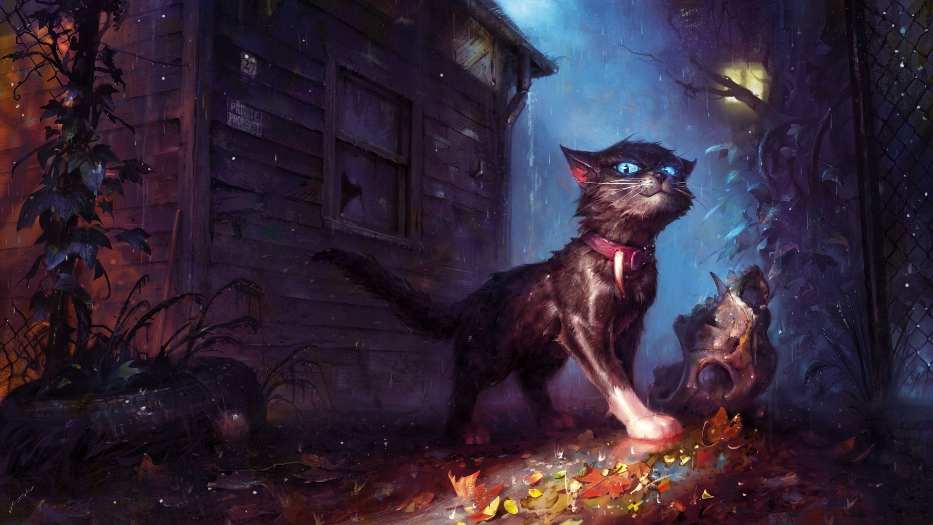 Creepy Cat, Fantasy Pets, Raining, Autumn, Painting - HD Wallpaper 