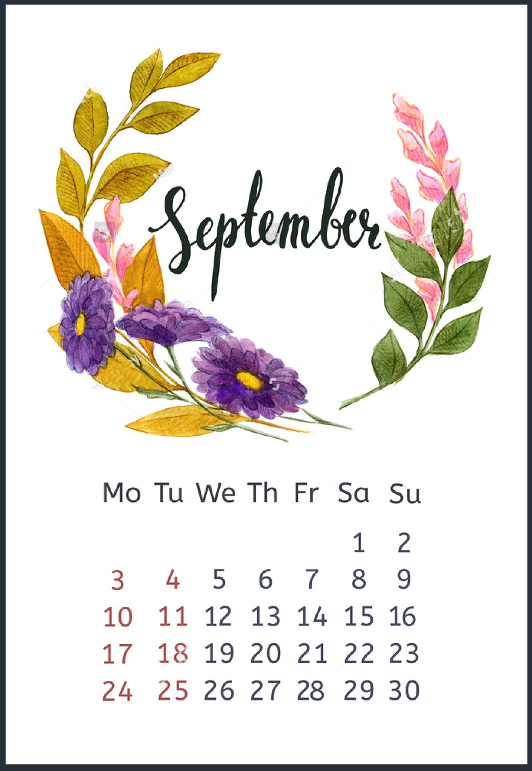 Floral September 2018 Iphone Calendar - HD Wallpaper 