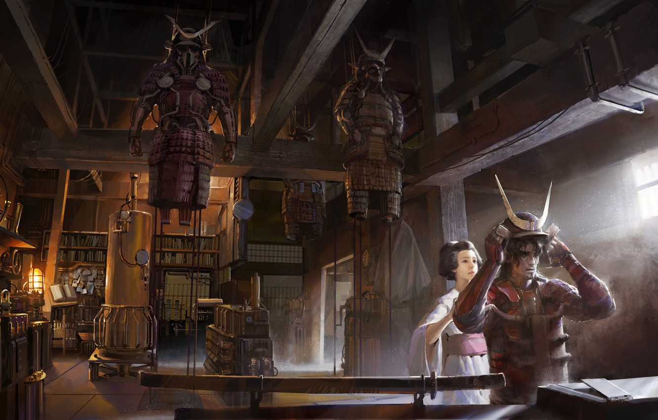 Photo Wallpaper Warrior, Horns, Helmet, The Room, Steampunk - Samurai Steampunk Fan Art - HD Wallpaper 