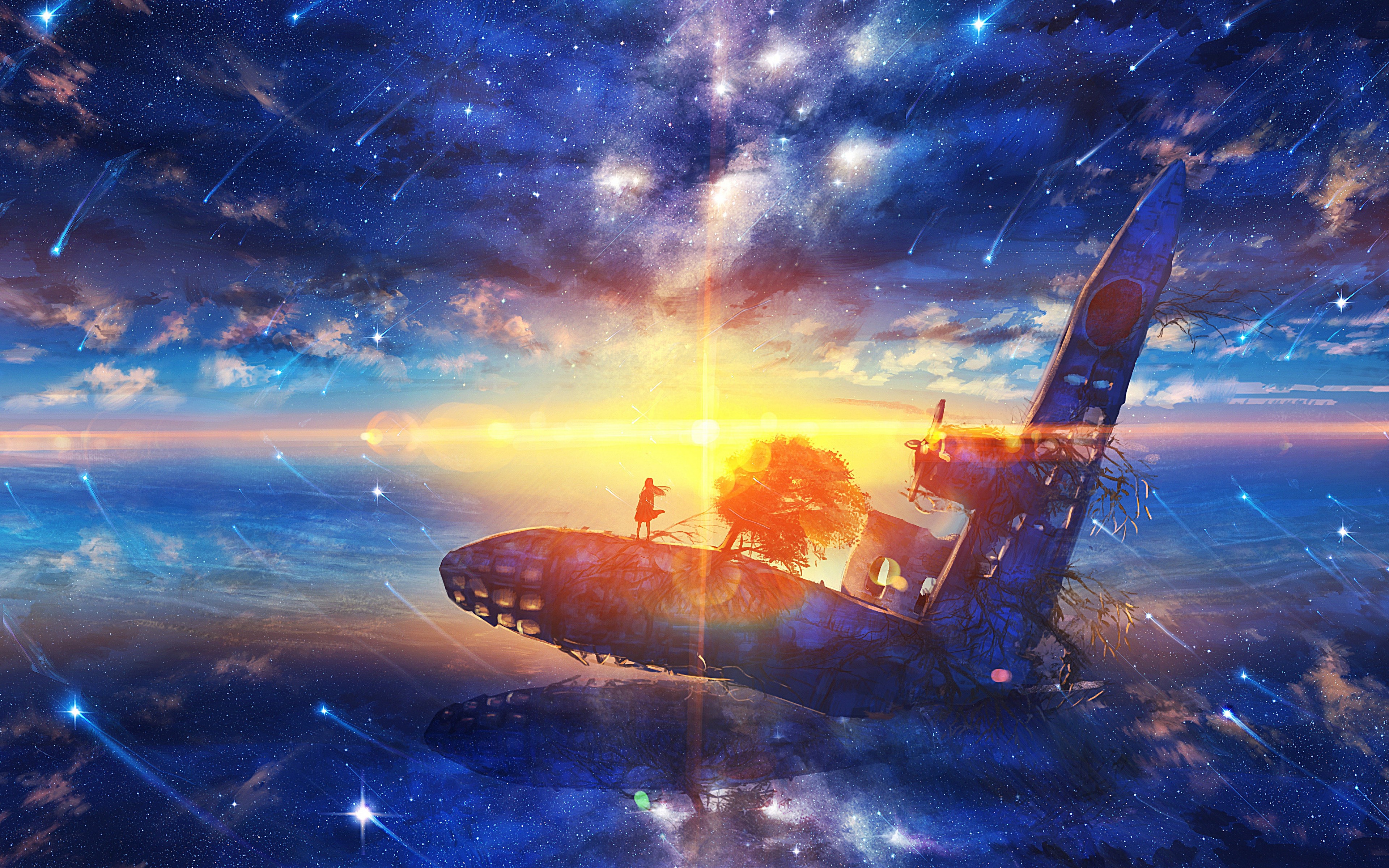 Sunrise, Anime, Scenery, Horizon, Stars, 4k, - Anime Background Scenery -  3840x2400 Wallpaper 