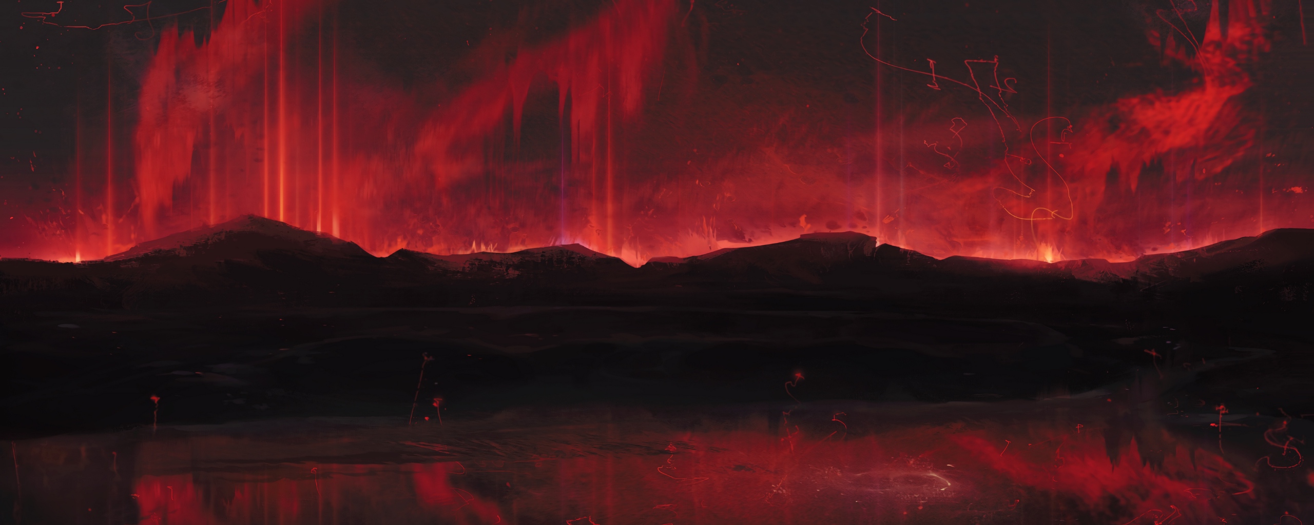 Wallpaper Mountains, Art, Dark, Red, Spots - Ultrawide Wallpaper Red - HD Wallpaper 