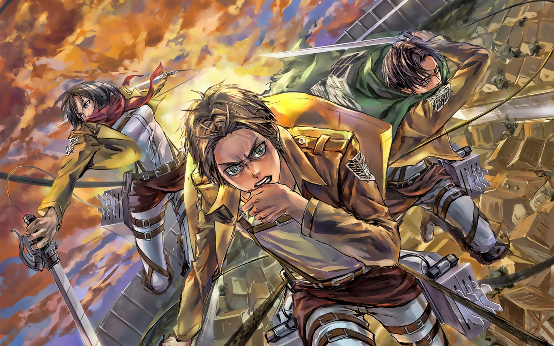 Eren Jaeger, Mikasa Ackerman, Levi Ackerman, Battle, - Shingeki No Kyojin Wallpaper Battle - HD Wallpaper 