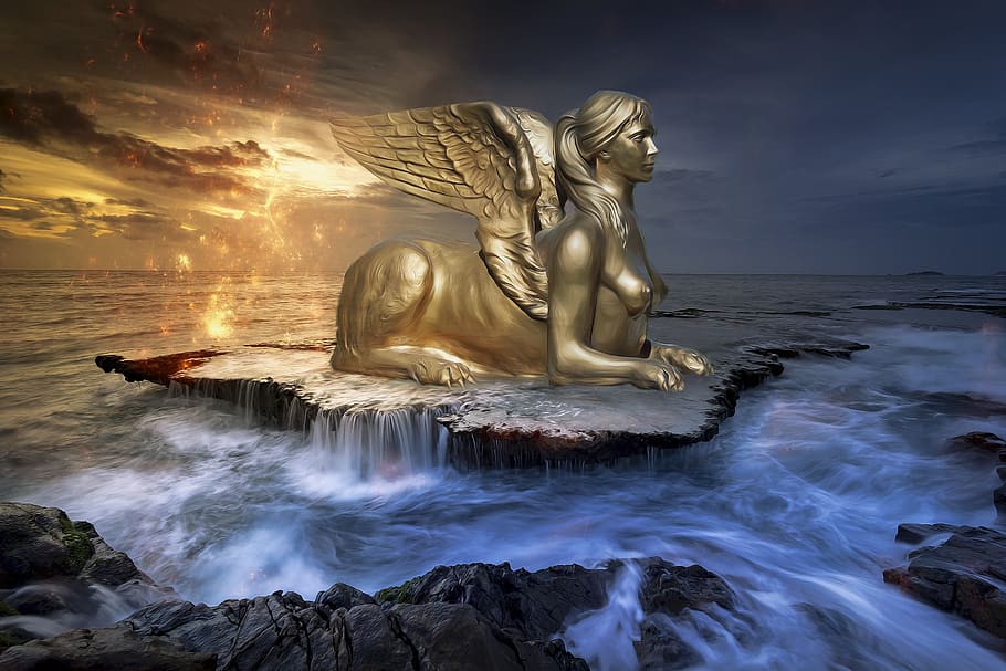 Fantasy, Dark, Sphinx, Statue, Woman, Female, Sea, - Psalm 55 23 Niv But As For Me I Will Trust In You - HD Wallpaper 