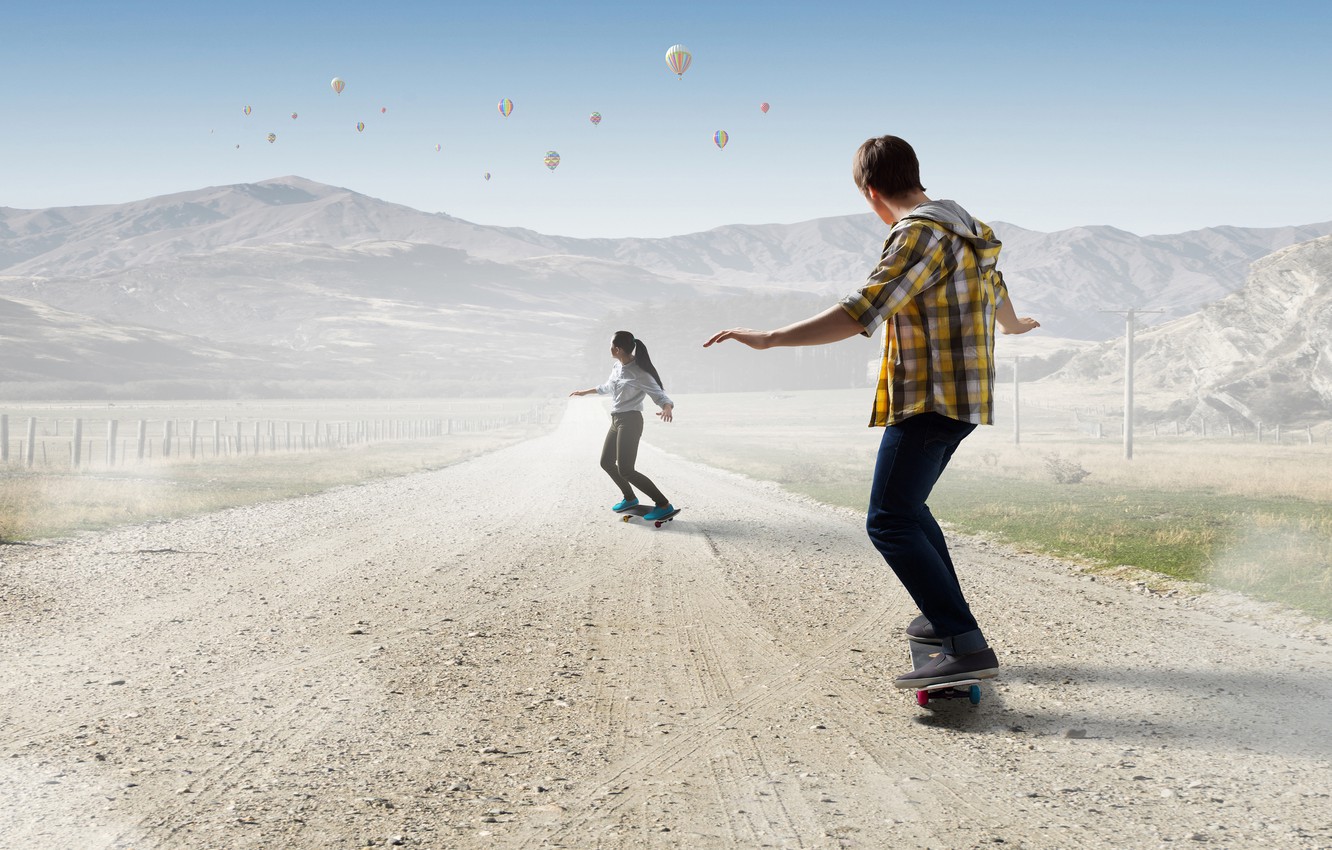 Photo Wallpaper Road, The Sky, Girl, The Sun, Landscape, - Skateboard - HD Wallpaper 