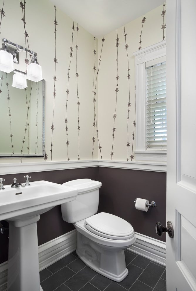 Half Wall Wallpaper Powder Room Transitional With Baseboards - Powder Room Chair Rail - HD Wallpaper 