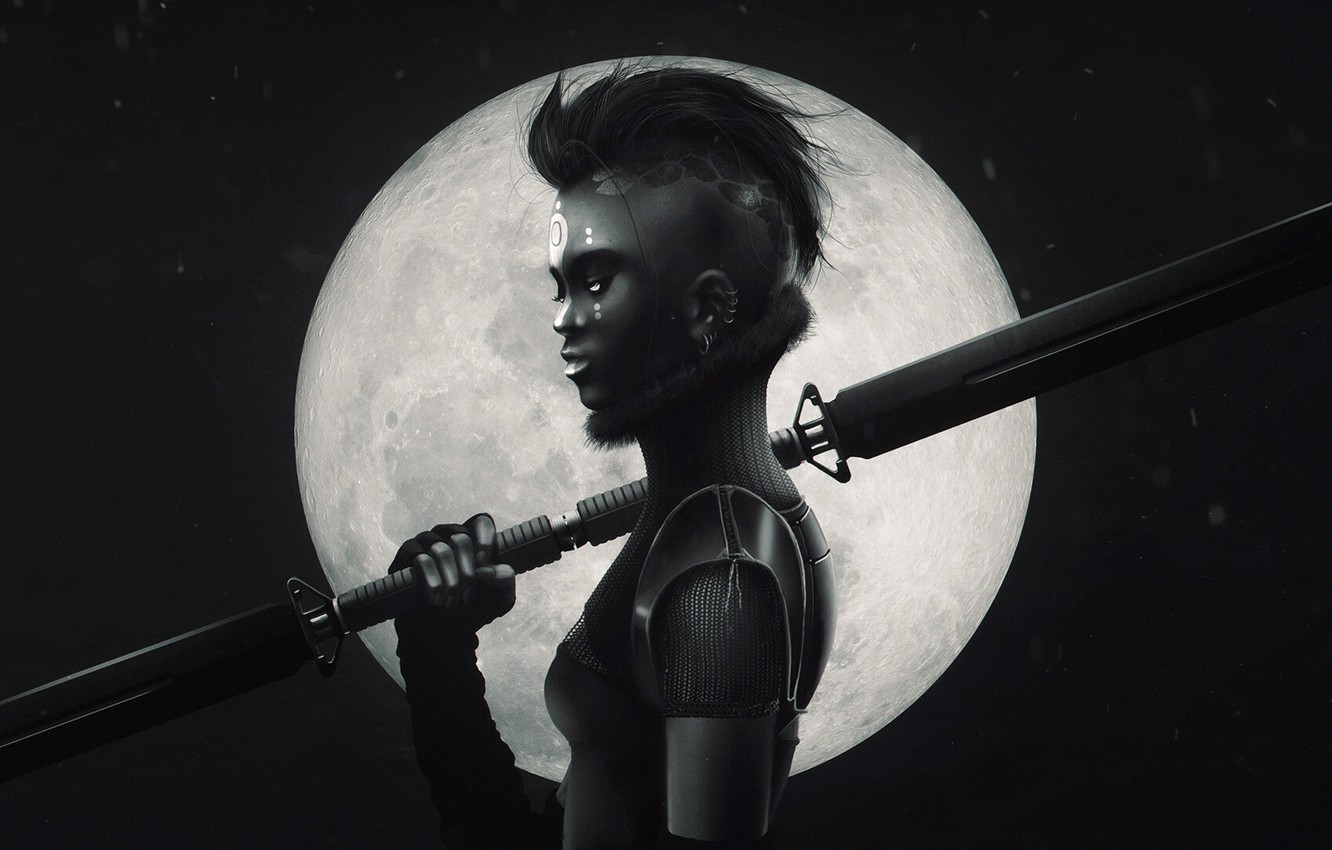 Photo Wallpaper Girl, The Moon, Girl, Dark, Moon, Fantasy, - HD Wallpaper 