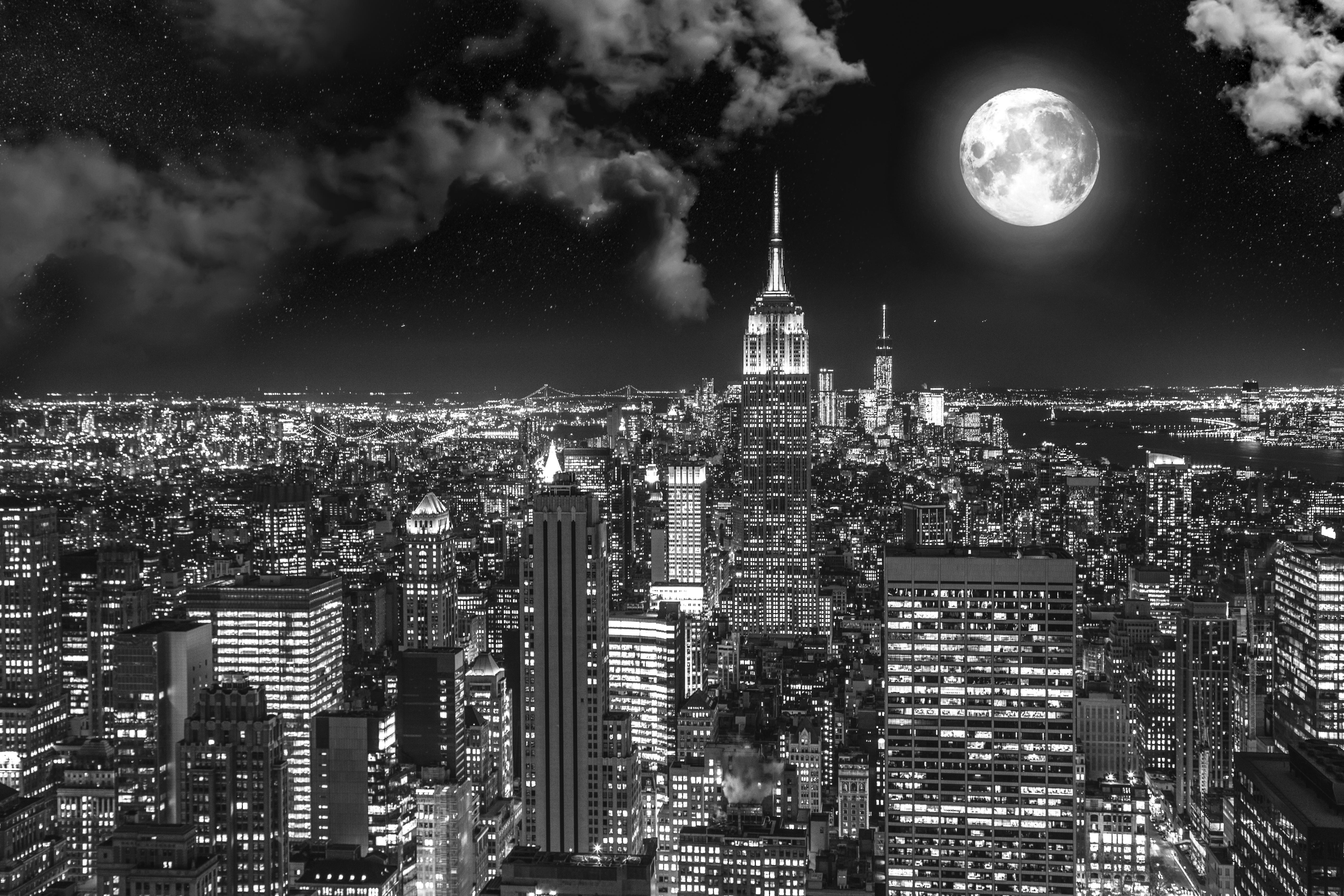 Night City, Bw, Full Moon, New York, Usa - HD Wallpaper 
