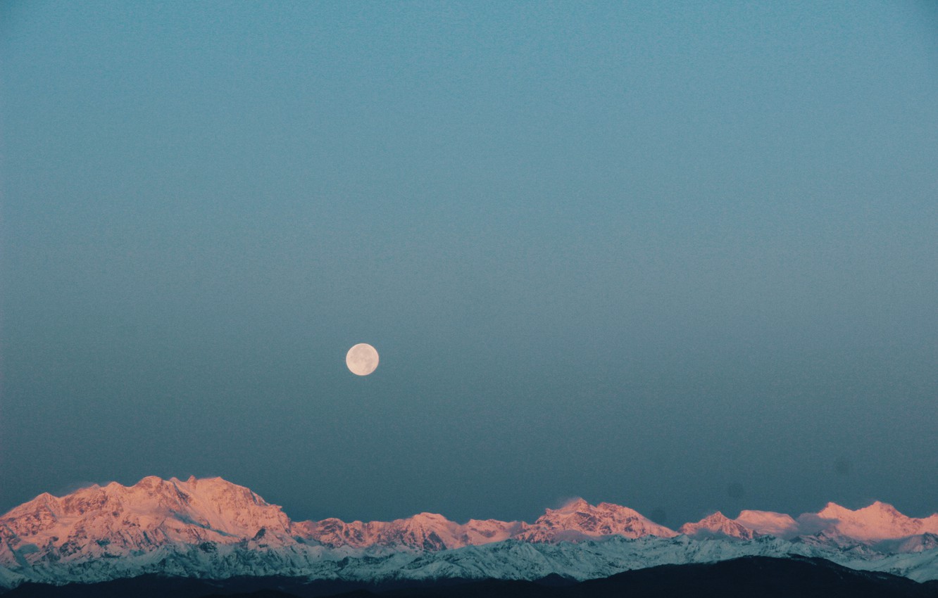 Photo Wallpaper Winter, Snow, Sunset, Mountains, The - Moon - HD Wallpaper 