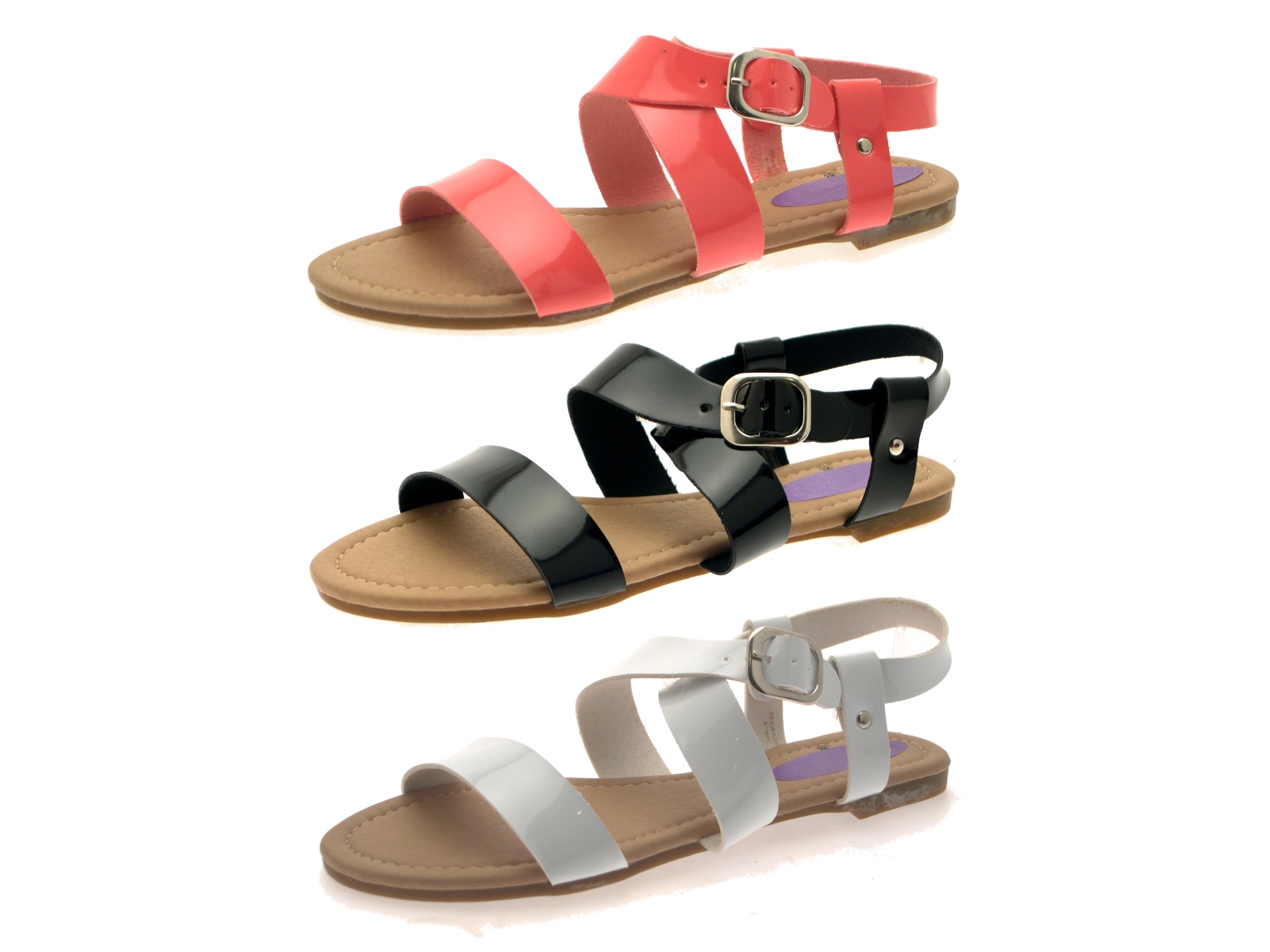 Womens Patent Flat Strappy Sandals Ladies Summer Buckle - Flat Open Shoes For Ladies - HD Wallpaper 