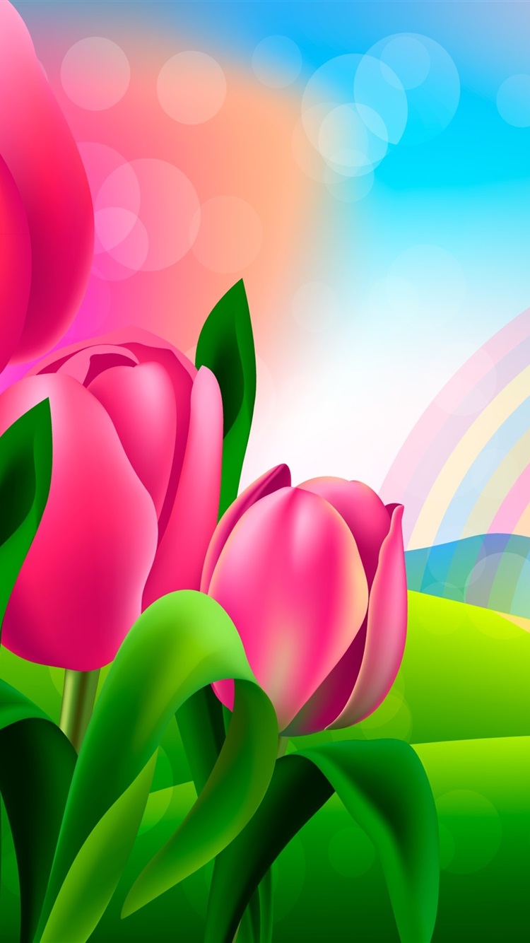 Iphone Wallpaper Vector Design, Pink Tulips, Rainbow - Tulip And Rainbow Phone - HD Wallpaper 