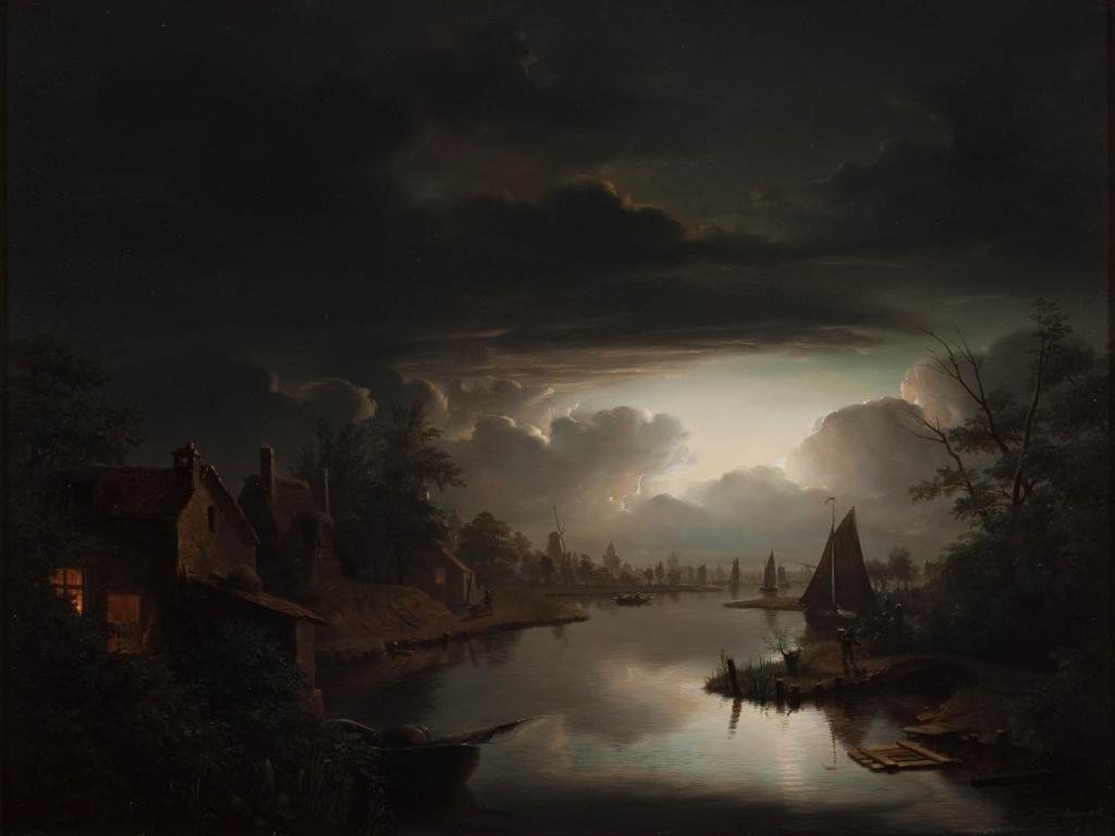 Free Western High Quality Wallpaper Id - Petrus Van Schendel River Landscape In Silver Moonlight - HD Wallpaper 