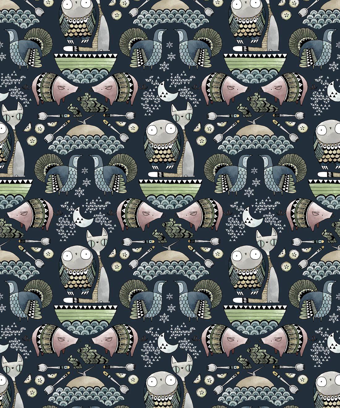 Owl And Pussycat Pattern - HD Wallpaper 