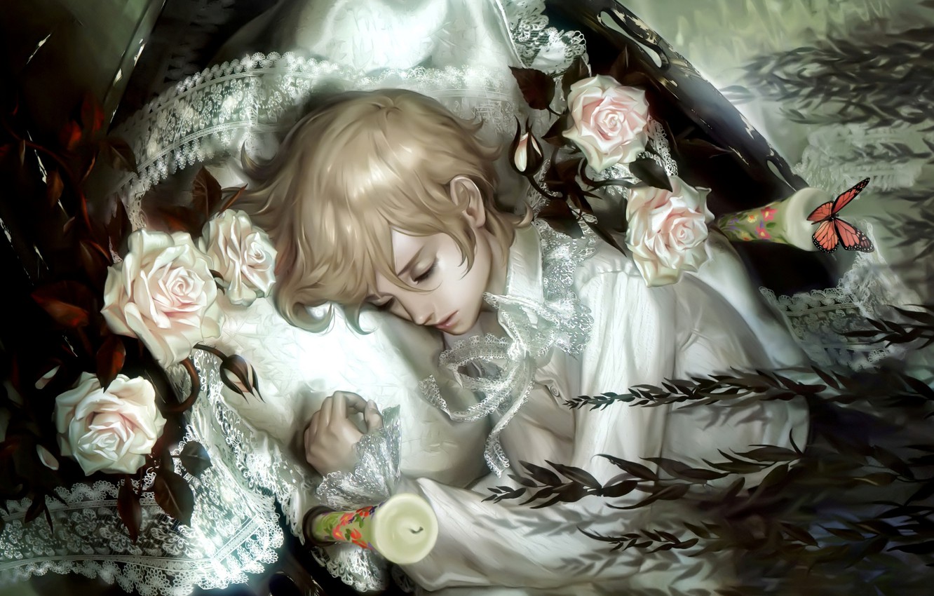 Photo Wallpaper Butterfly, Flowers, Roses, Tale, Candles, - Sleeping Beauty As A Boy - HD Wallpaper 