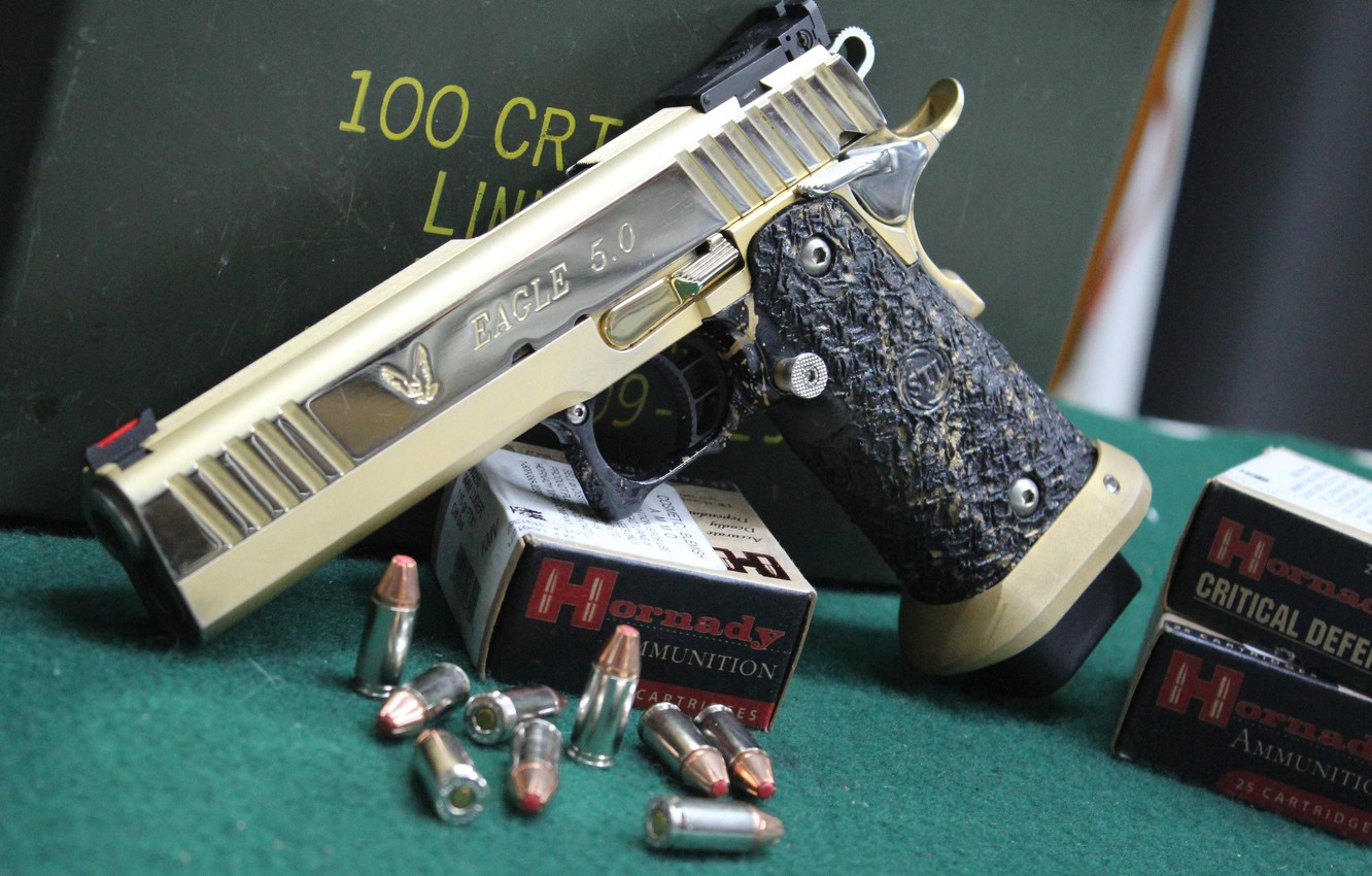 Photo Wallpaper Gun, Eagle, Cartridges, Sti 1911, Semi-automatic - Gold Sti 2011 - HD Wallpaper 