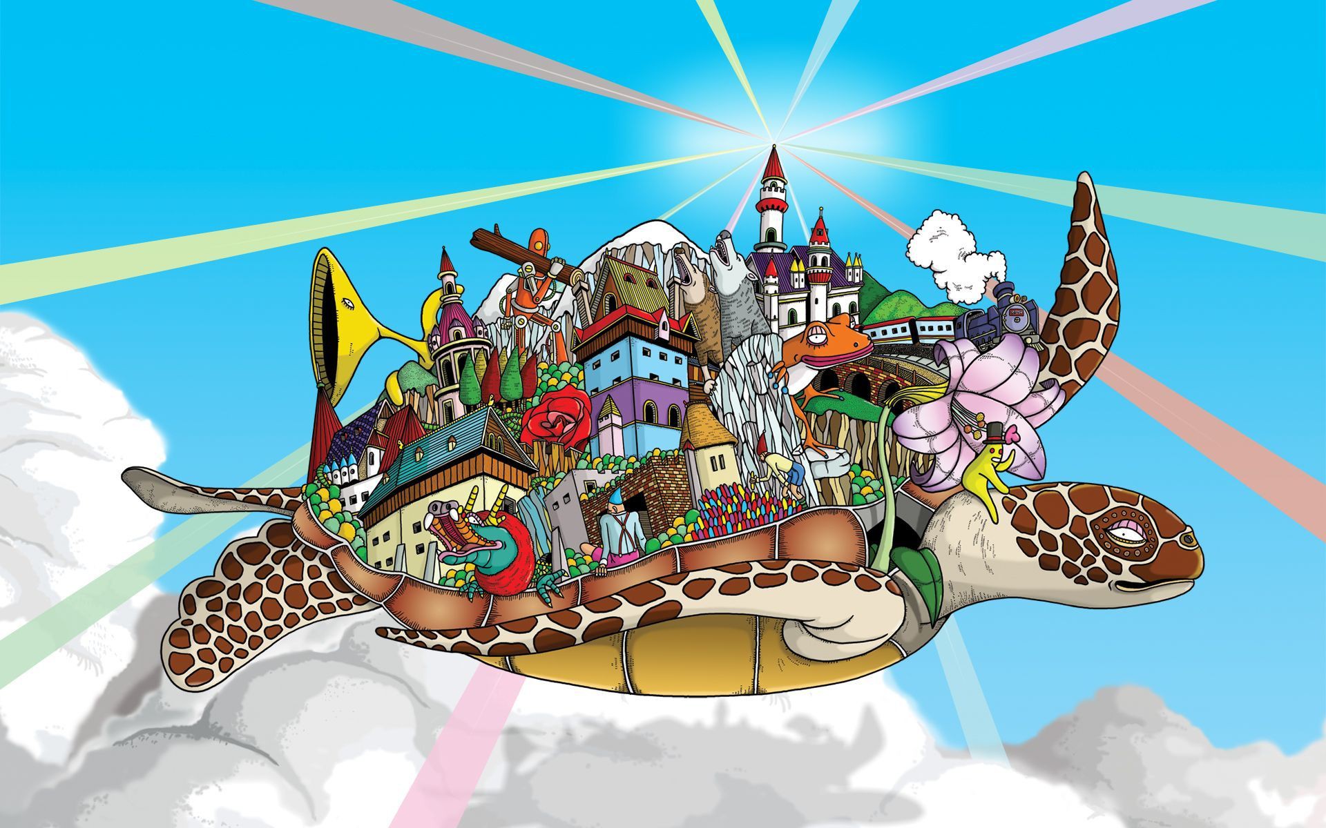 Village On The Flying Turtle - City On Turtle Back - HD Wallpaper 