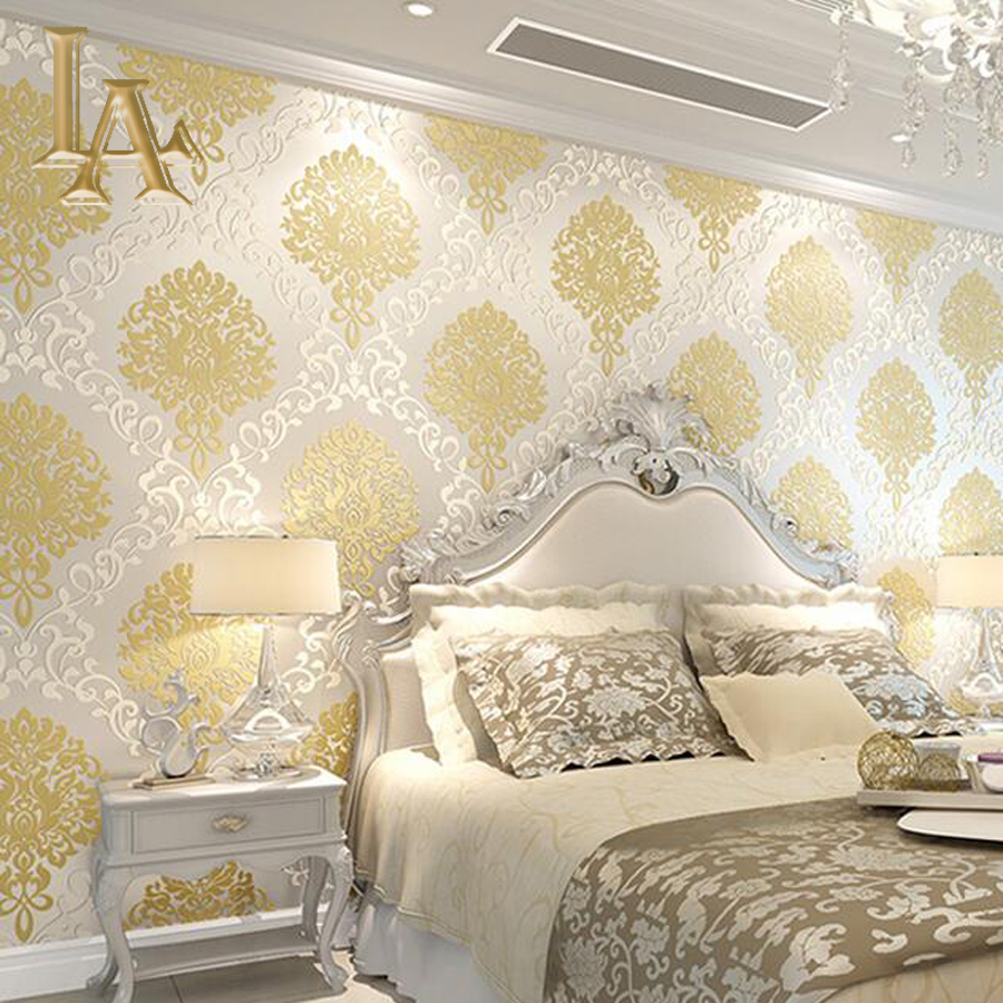 Pink Damask Wallpaper Bedroom Photo - Gold Damask Wallpaper Bedroom - HD Wallpaper 