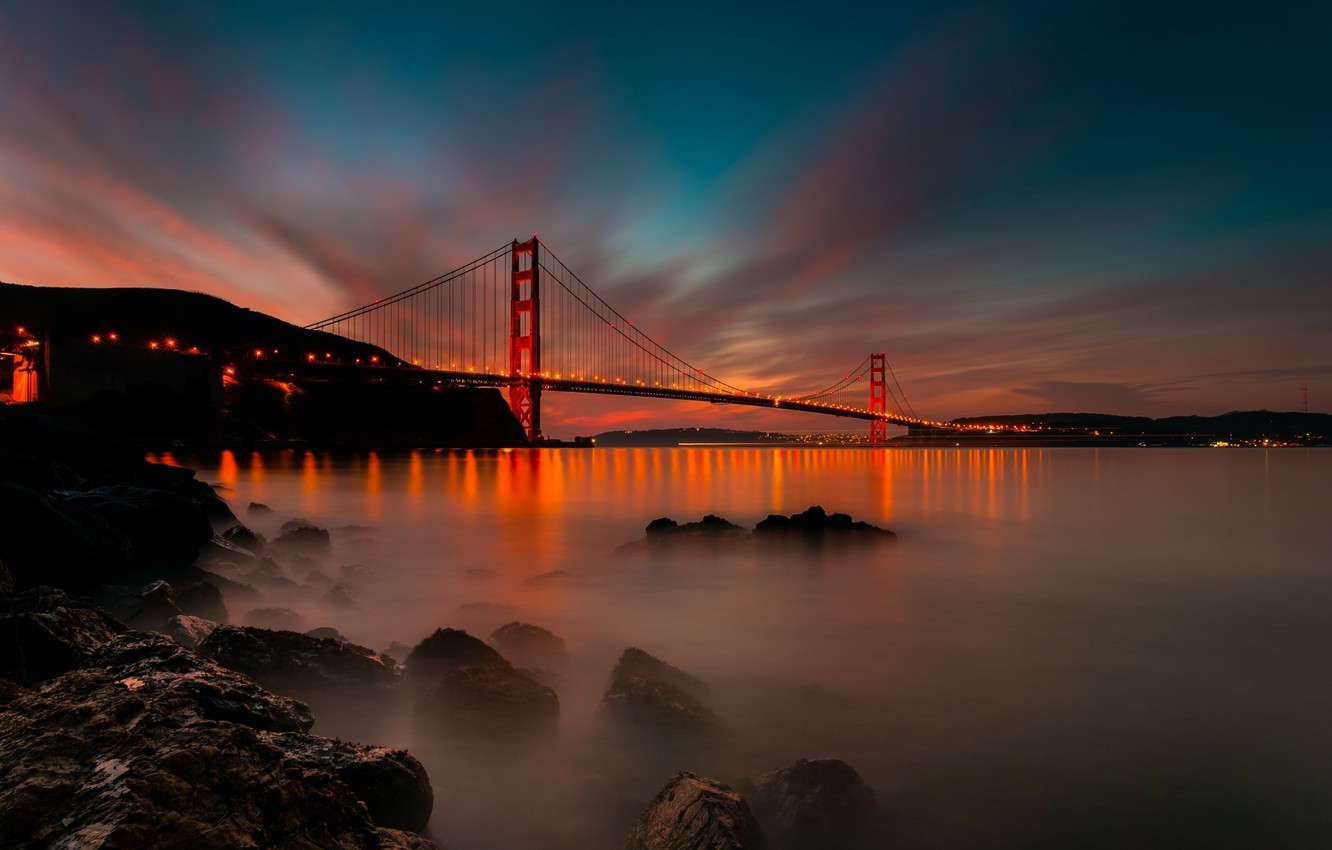 Photo Wallpaper Light, Sunset, Bridge, The City, Strait, - Golden Gate Bridge Hd - HD Wallpaper 