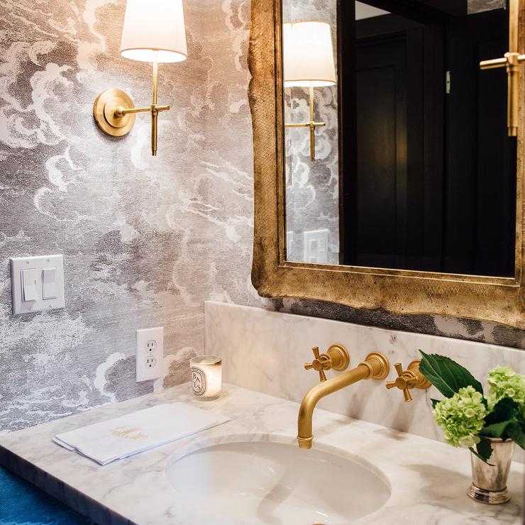 Gold And Gray Powder Room With Gold Leaf Mirror - Bathroom - HD Wallpaper 