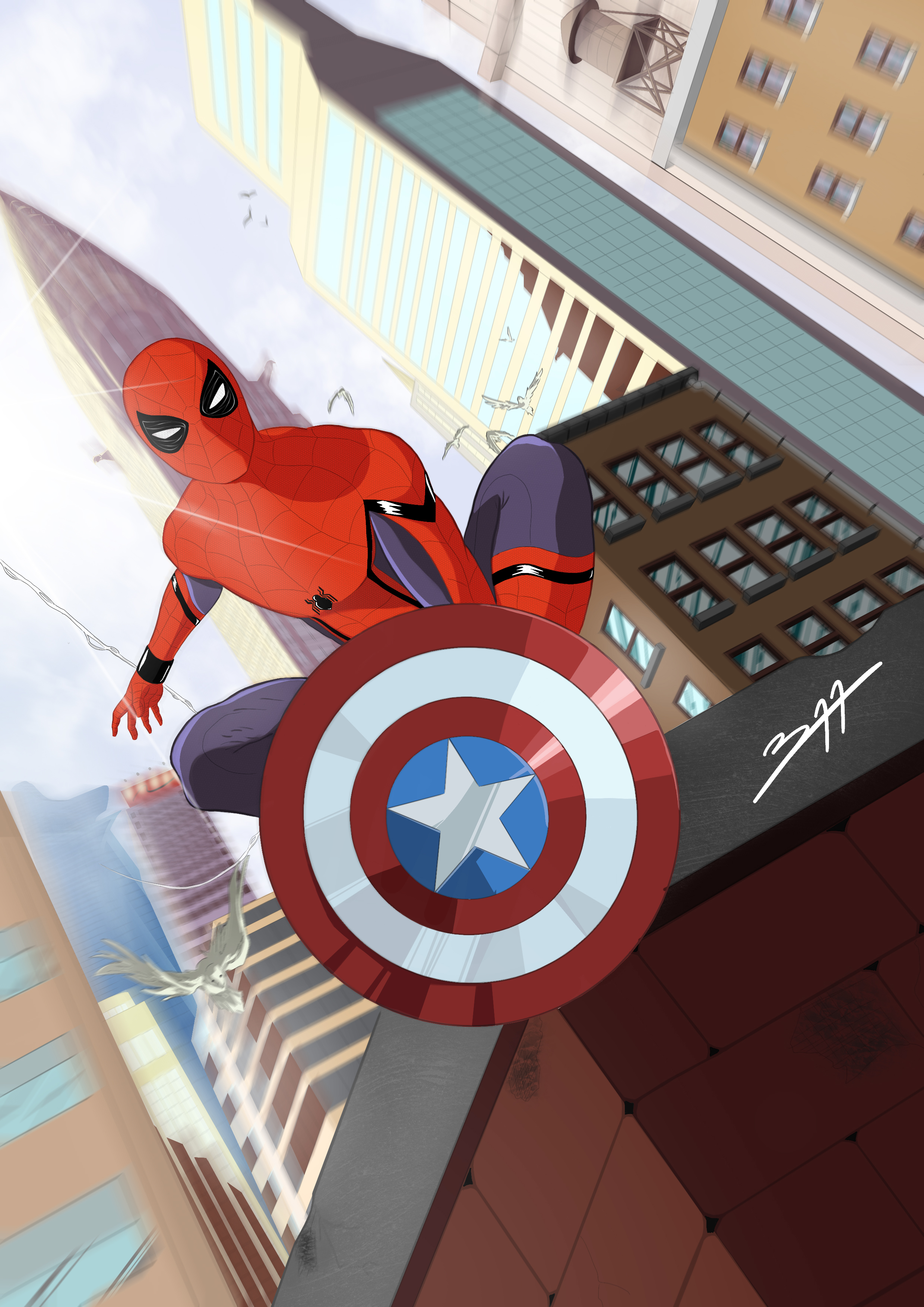 Spiderman With Captain America Shield Art - HD Wallpaper 