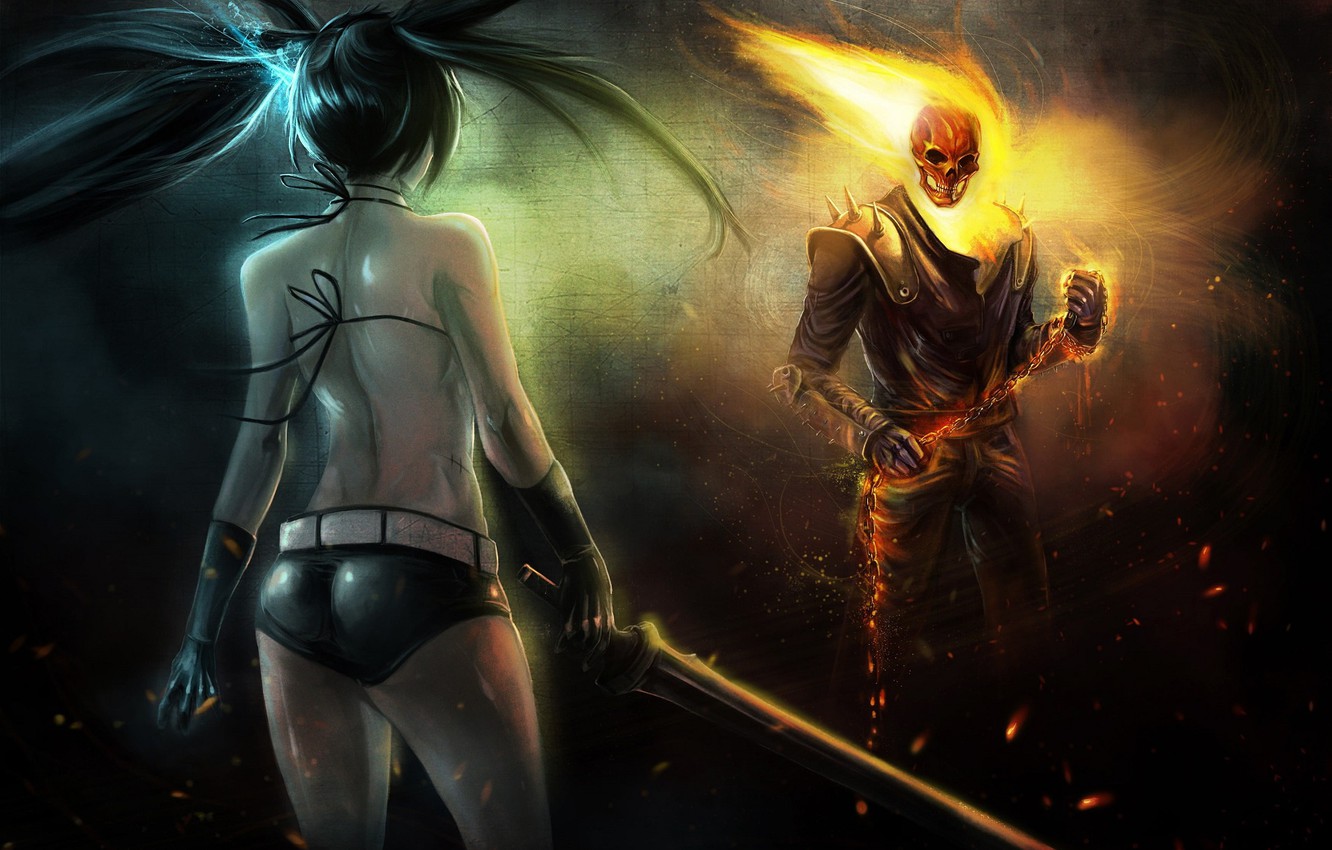 Photo Wallpaper Girl, Night, Fire, Sword, Skeleton, - Black Rock Shooter Vs Ghost Rider - HD Wallpaper 