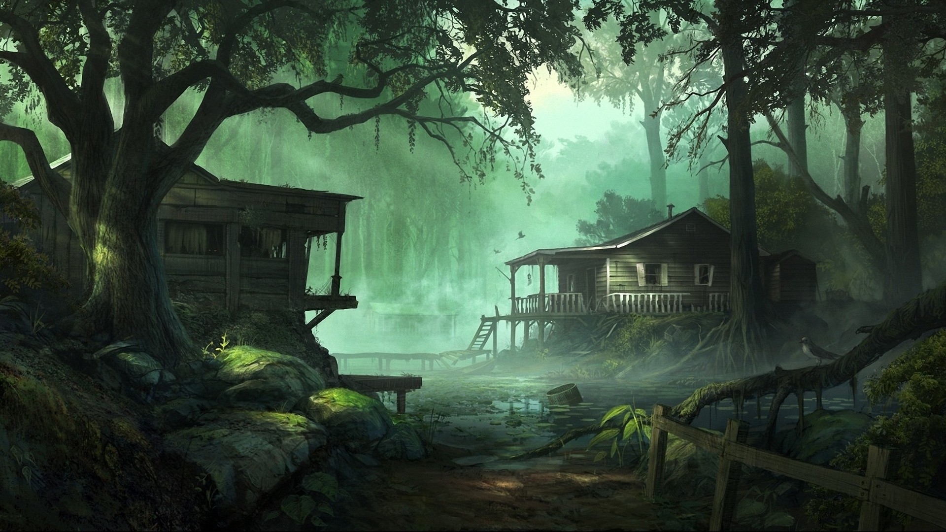 Hut, Forest, Painting, Rocks - Swamp Village Fantasy Art - HD Wallpaper 