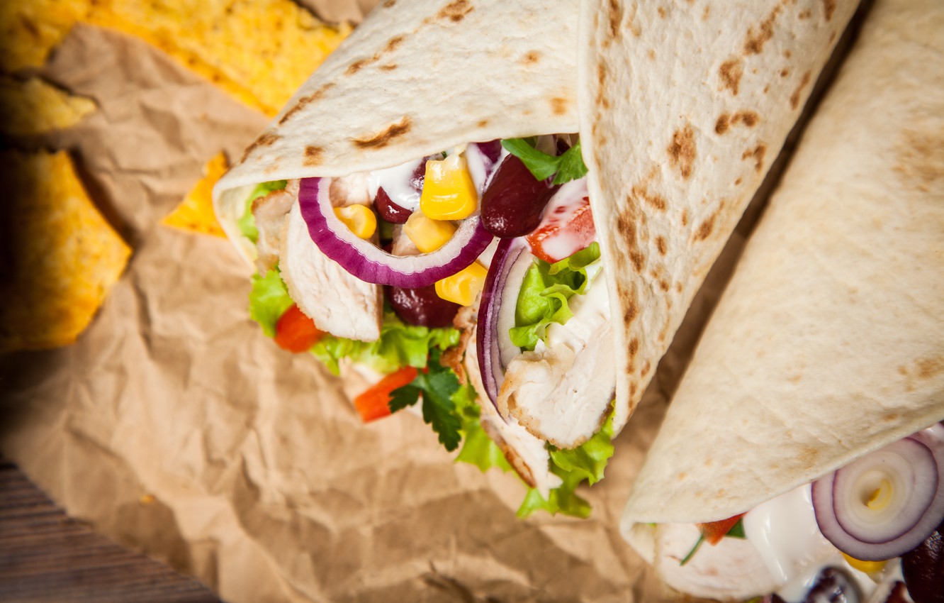 Photo Wallpaper Bow, Meat, Vegetables, Food, Pita, - Fast Food - HD Wallpaper 