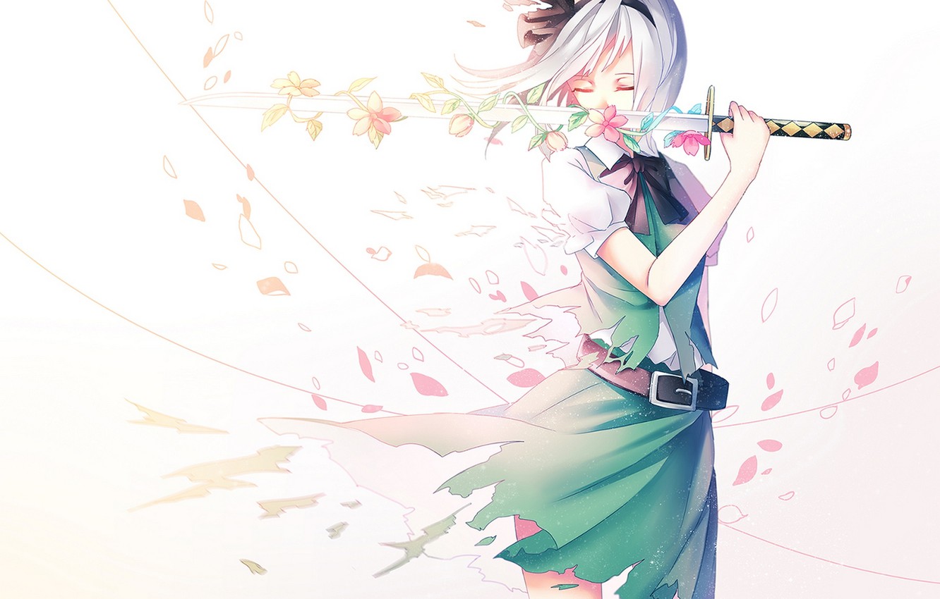 Photo Wallpaper Girl, Flowers, Weapons, Katana, Anime, - Anime Girl With Katana Drawing - HD Wallpaper 