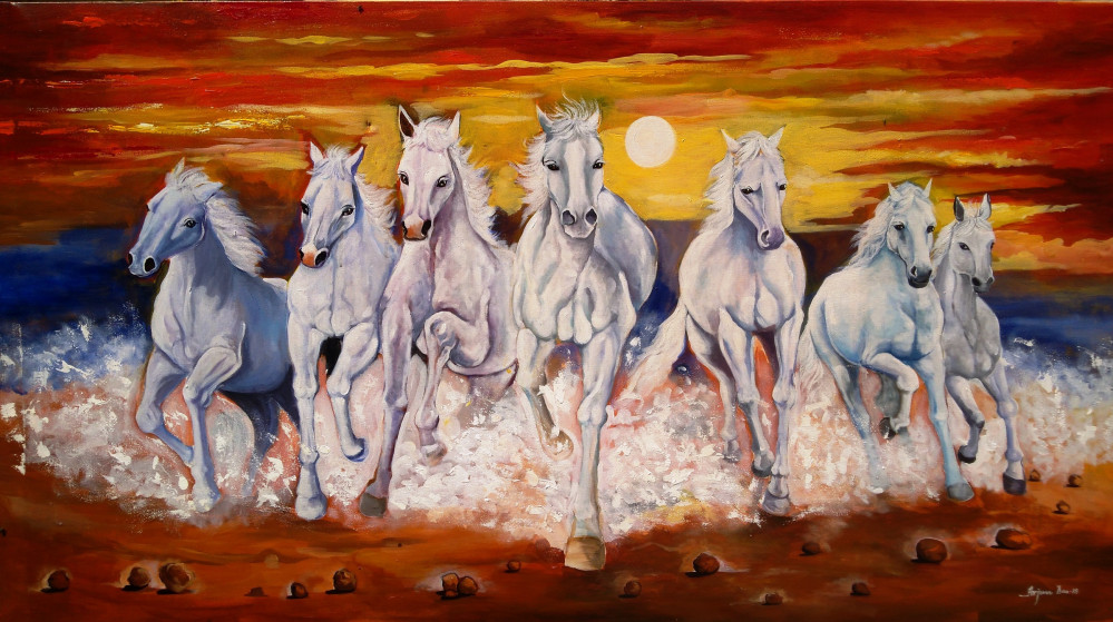 Seven White Horse , Painting By Arjun Das Contemporary - Canvas Horse Acrylic Painting - HD Wallpaper 