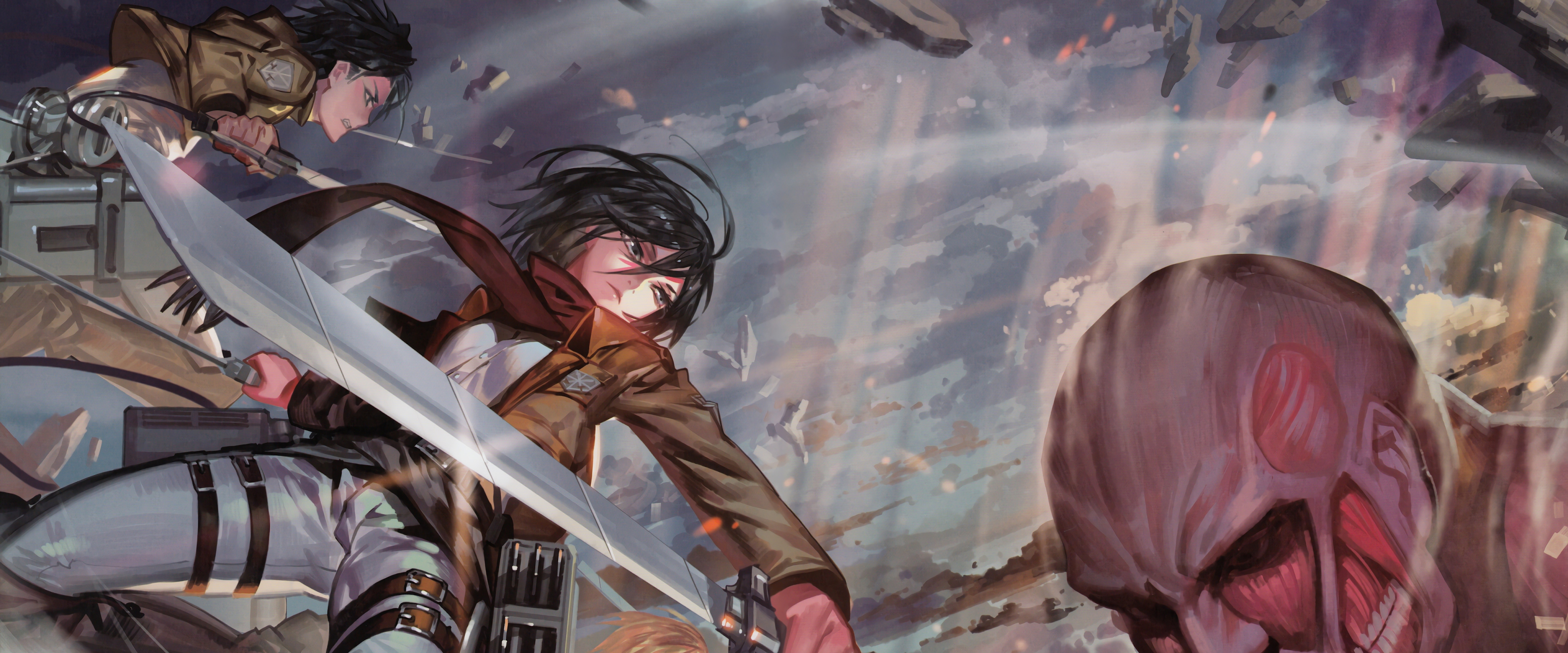 Mikasa, Levi, Colossal Titan, Attack On Titan, 8k, - Shingeki No Kyojin -  7680x3200 Wallpaper 