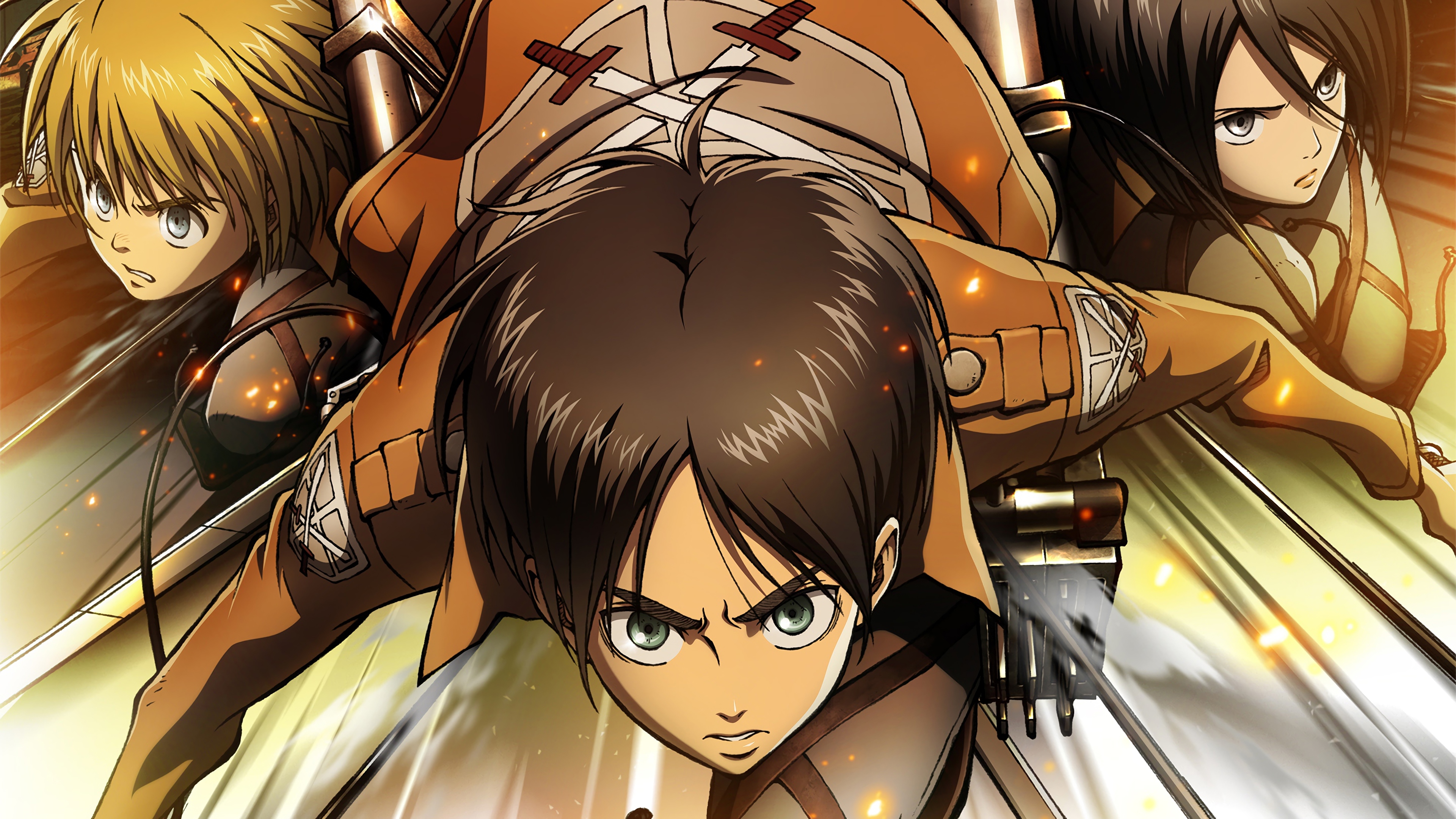 Attack On Titan Eren Mikasa Armin - HD Wallpaper 