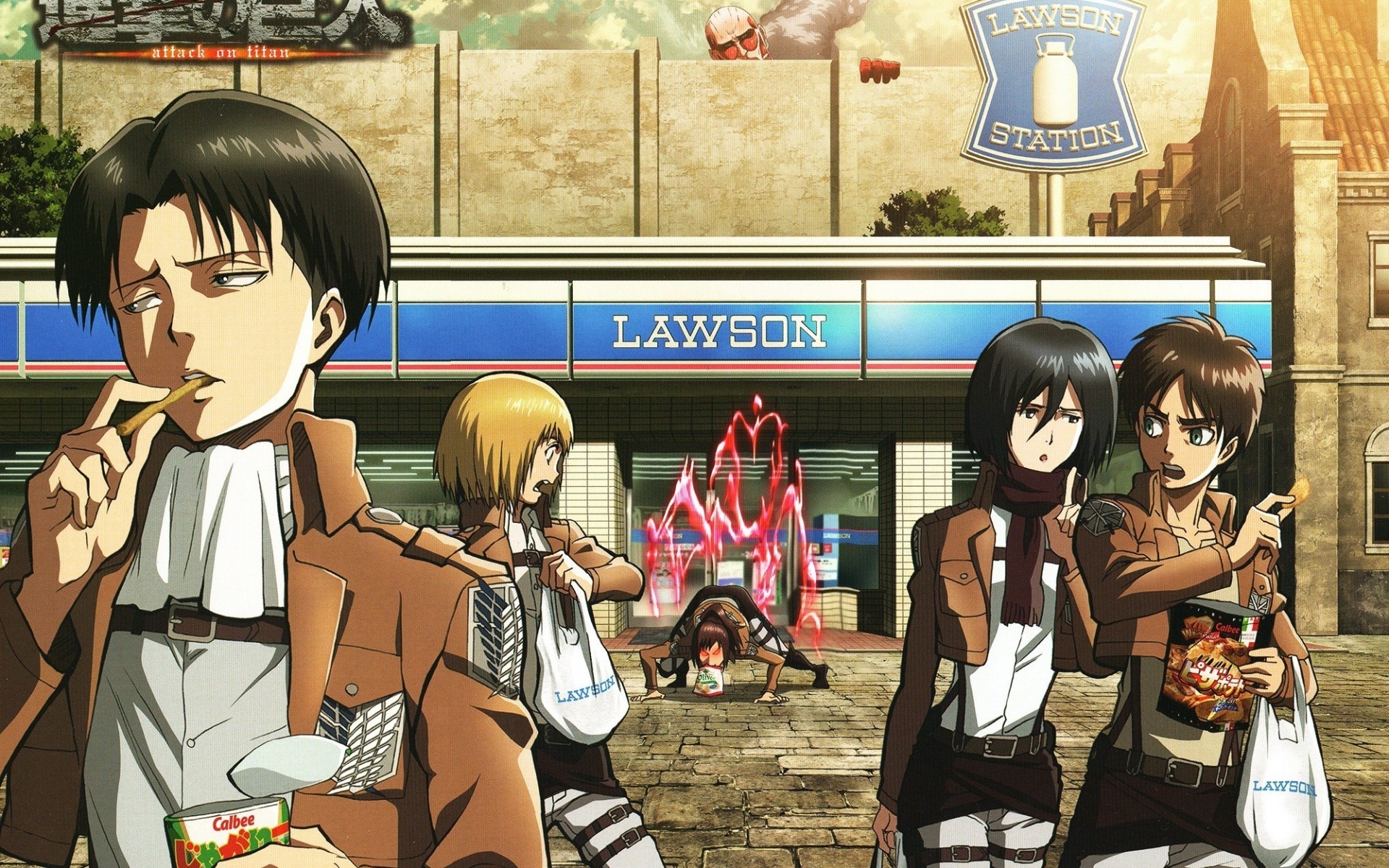 Attack On Titan, Levi, Mikasa, Eren, Armin, Shopping - Attack On Titan Mikasa Eren Armin - HD Wallpaper 