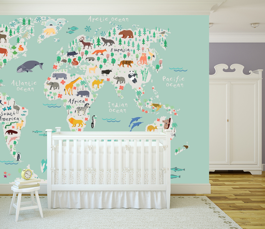 Nursery Wallpaper, Custom Nursery Wallpaper, Gender - Safari Kids Map Mural - HD Wallpaper 