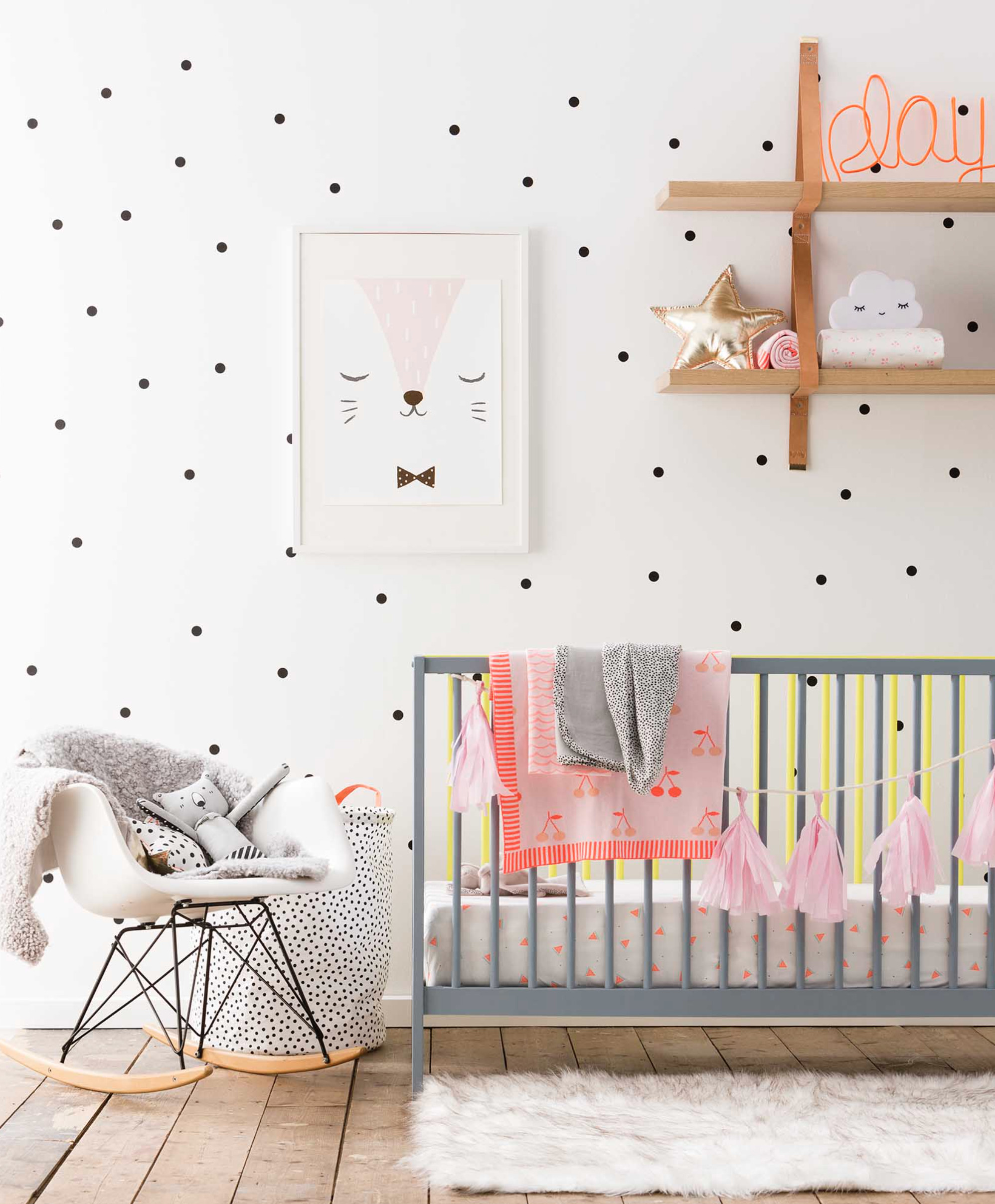 Small Black Polka Dots On The Nursery Wall, Grey Crib, - Baby Room Unicorn Nursery - HD Wallpaper 