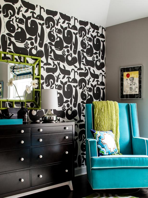 Midcentury Modern Nursery With Whale-patterned Wallpaper - Nursery - HD Wallpaper 