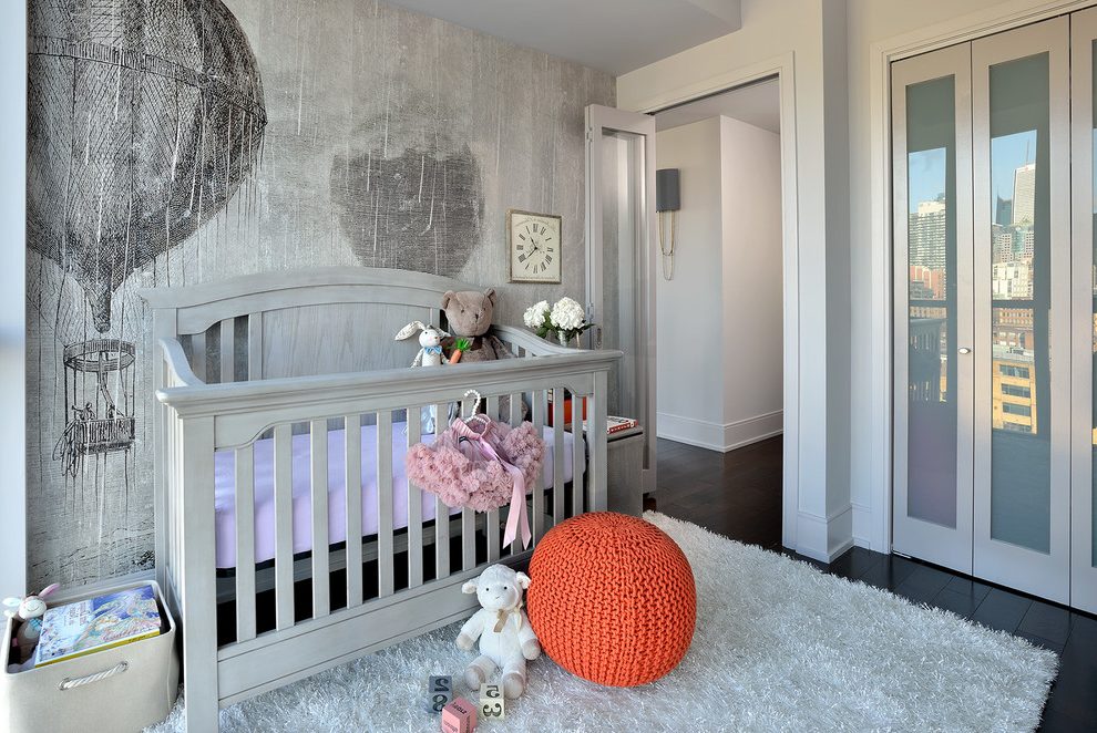 Orange Pouf And Transitional Style Accent Wall Nursery - Nursery - HD Wallpaper 