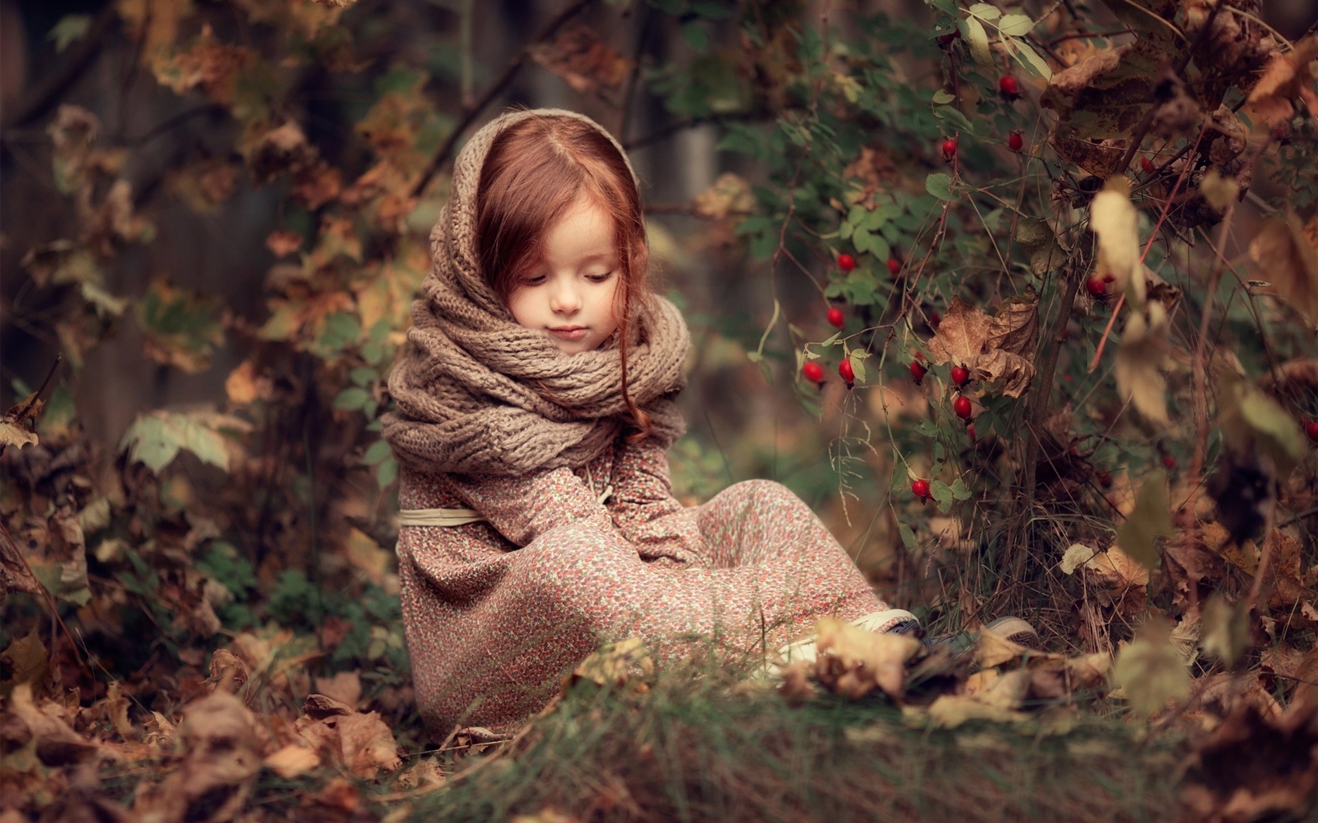 Wallpaper Cute Little Girl, Red Hair, Scarf, Red Berries, - Cute Girl In Nature - HD Wallpaper 