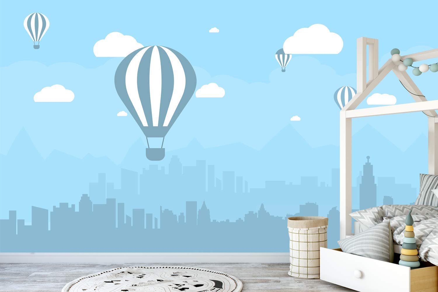 Murwall Kids Wallpaper Hot Air Balloon Wall Mural Blue - Wall Stickers For Teenage Girl Bedrooms - HD Wallpaper 