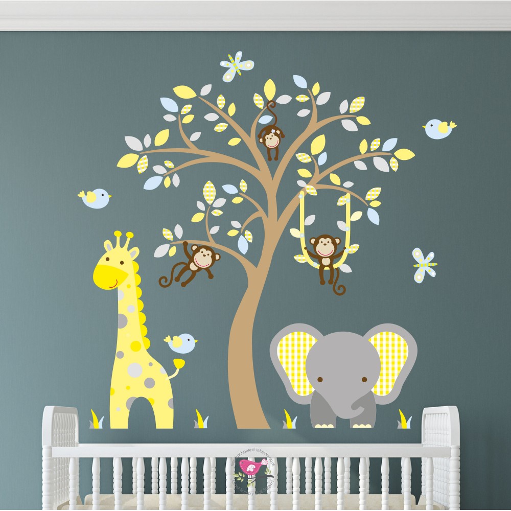 Elephant And Giraffe Blue, Yellow & Grey Nursery - Grey And Mustard Nursery - HD Wallpaper 
