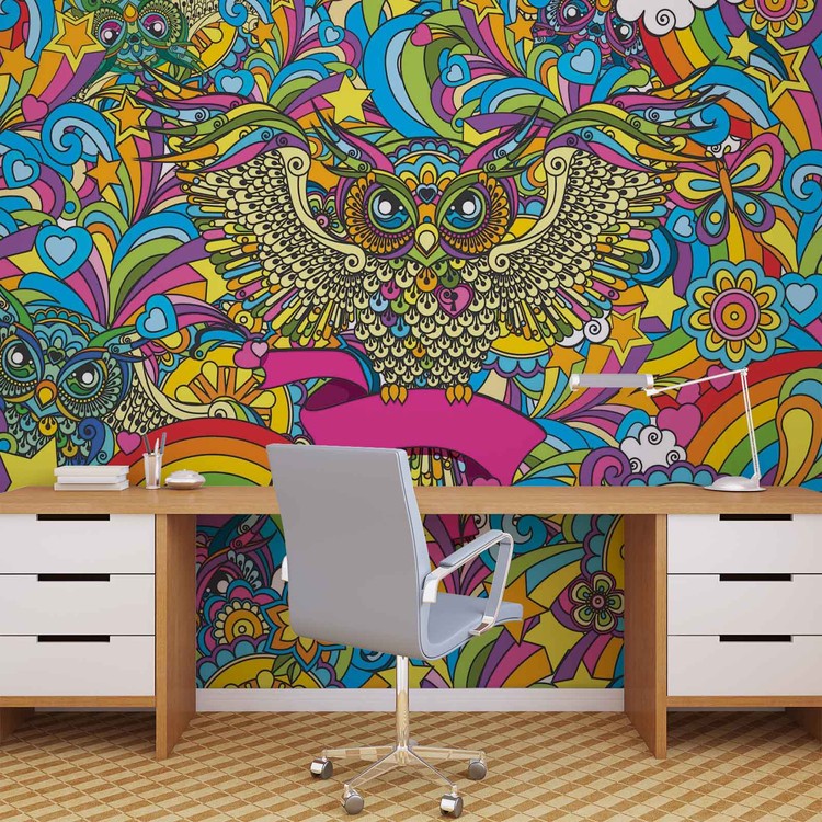 Colorful Owls Stars Rainbow Flowers Wallpaper Mural - HD Wallpaper 