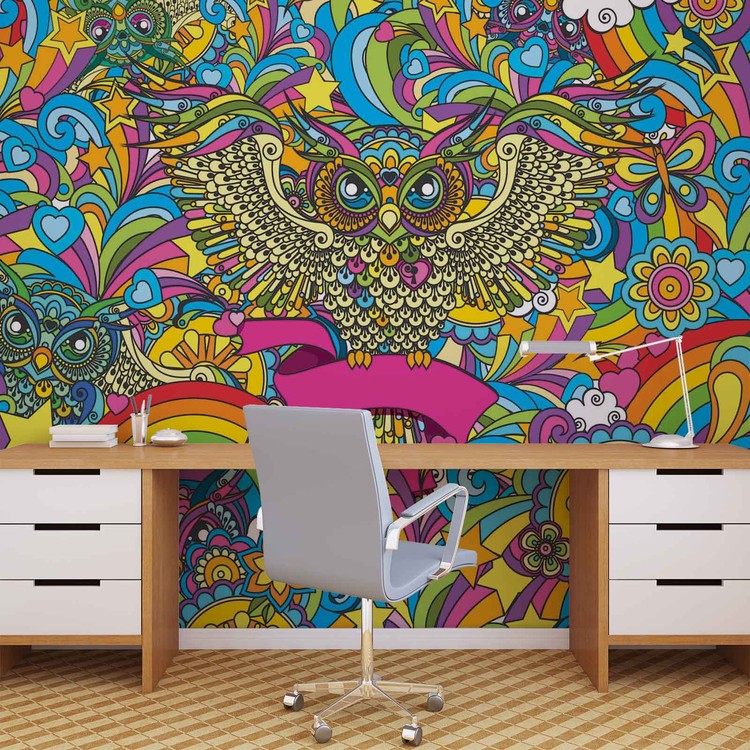 Colorful Owls Stars Rainbow Flowers Wallpaper Mural - HD Wallpaper 
