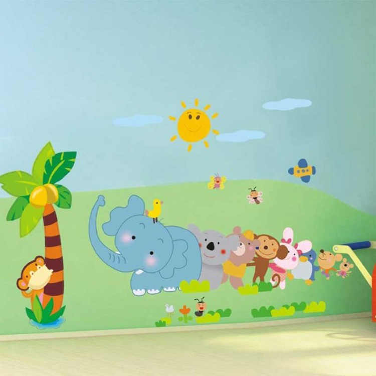 % Cartoon Jungle Wild Animal Wall Stickers For Kids - Elephant And Friends Cartoon - HD Wallpaper 