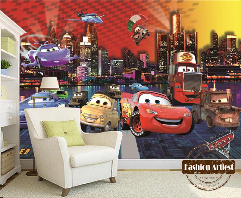 Custom Kids Boys Cartoon Wallpaper Mural Running Machine - Lightning Mcqueen Wallpaper Kid Room - HD Wallpaper 