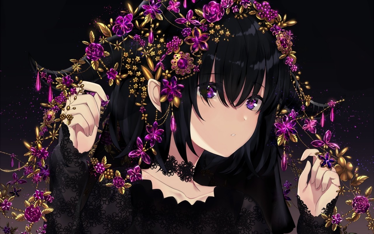 Anime Girl Black Hair Choker Purple Eyes 1280x800 Wallpaper Teahub Io