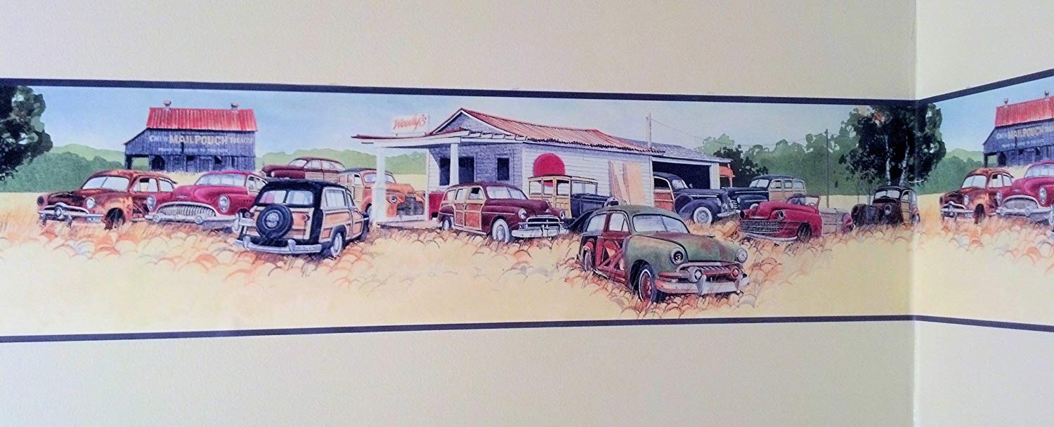 Classic Vintage Automobile Antique Car Wallpaper Border Beige Blue Wall decor 