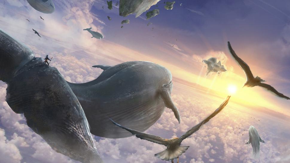 Whale Sunlight Birds Sky Floating Hd Wallpaper,fantasy - HD Wallpaper 